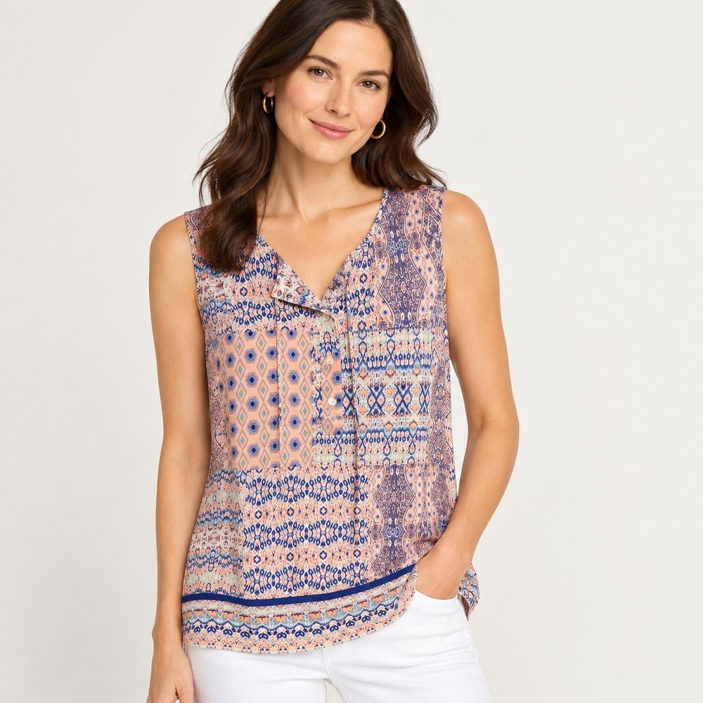 Talbots Petites MP Blouse Sleeveless Paisley Ikat Boho Print V Neck Top